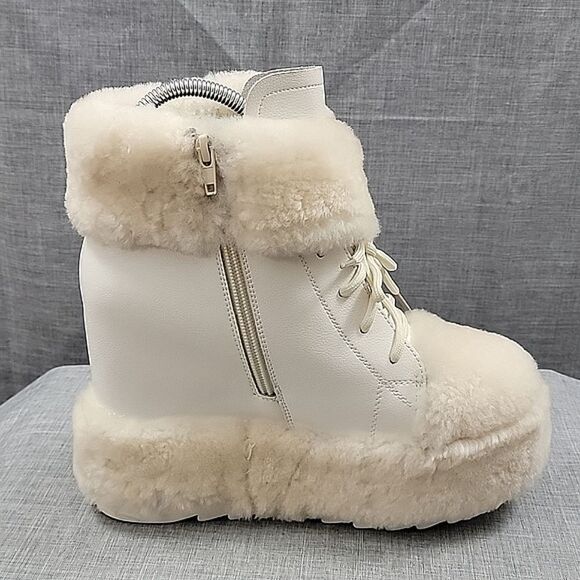 Anthony Wang WTF Dialo Wedge Booties - Ivory / Beige, Faux Fur, Women's SZ 8.5 - Picture 4 of 12